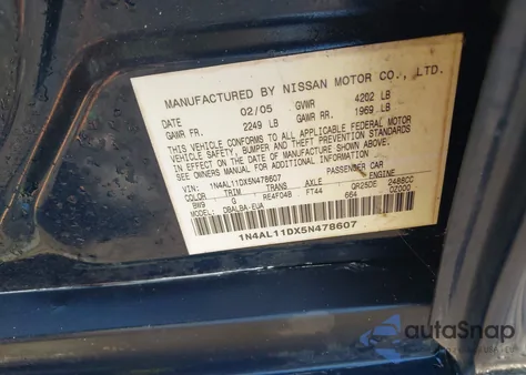 2005 Nissan Altima S/Sl z USA, uszkodzony, nr VIN 1N4AL11DX5N478607